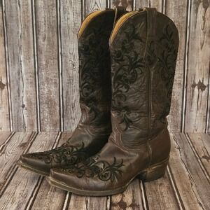 Sz 9.5 B Womens Cavender's Brown Floral Embroidered Leather Cowboy Boots Good